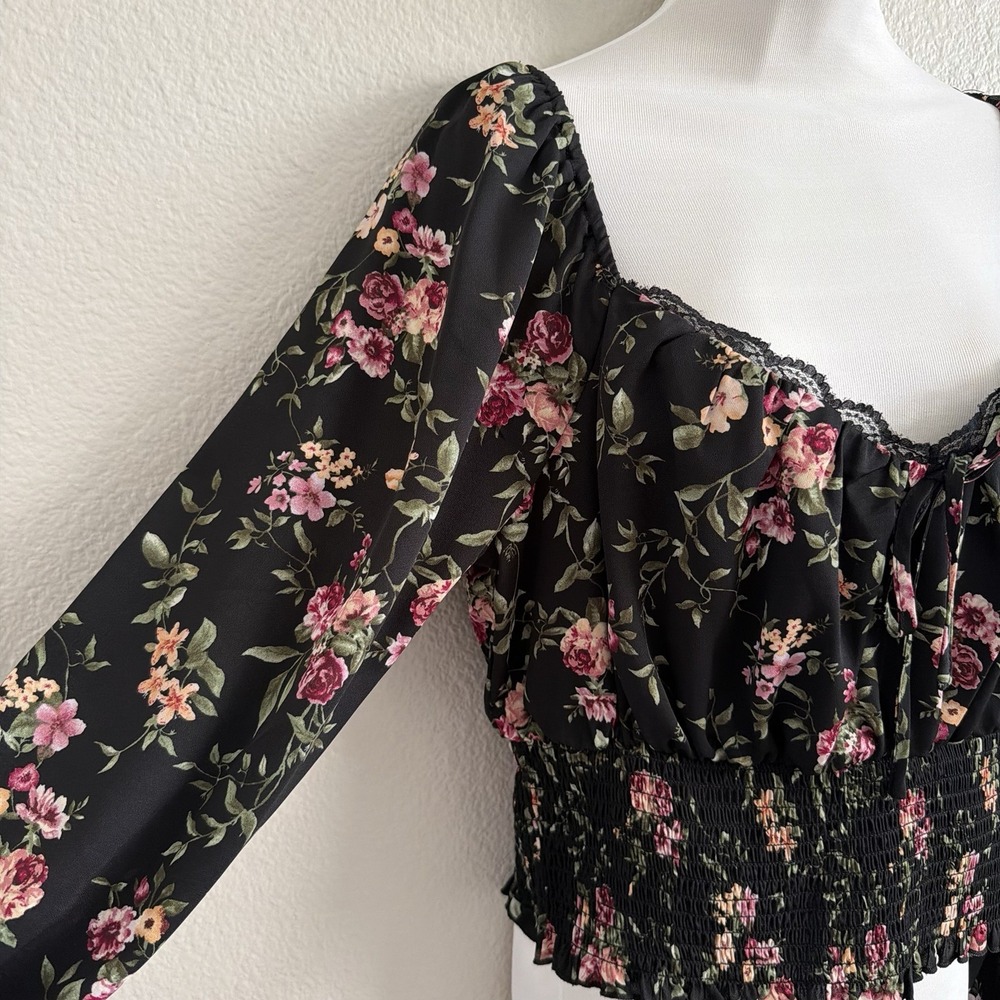 1X XL Floral Boho Off the Shoulder Top Blouse Puff Sleeve Peasant Lace Trim - Picture 2 of 15